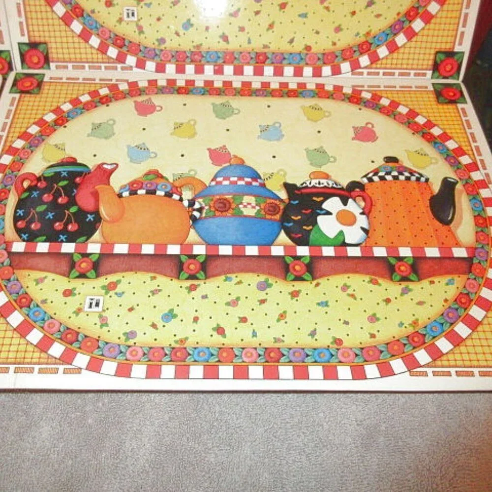 Vtg Mary Engelbreit Tea Party Placemats Set Of 4 Cork Back Farmhouse Cottagecore